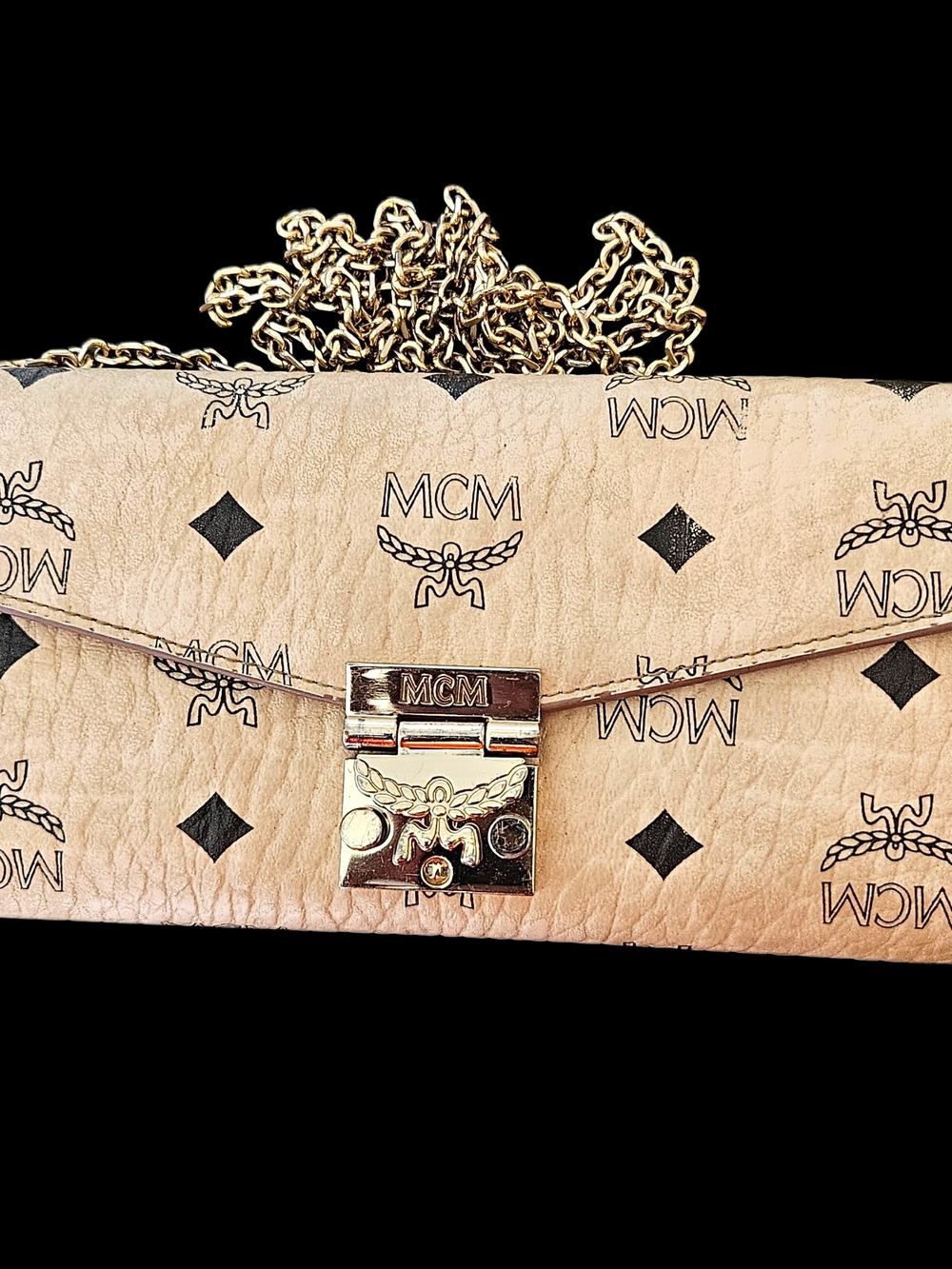 MCM Beige Logo Leather Crossbody Bag WOC with Gold Chain